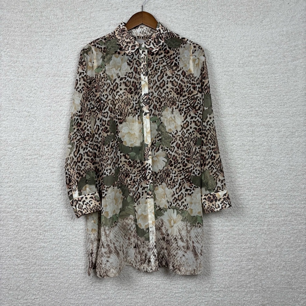 Chico's Top Womens 1 M/8 Animal Print Semi Sheer Long Sleeve Button Front Tunic